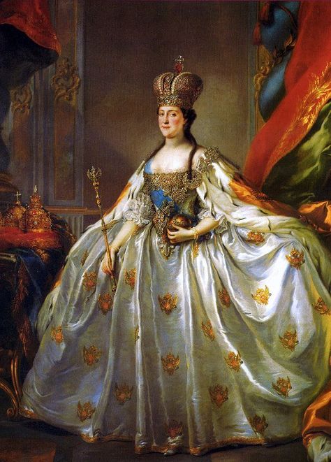 CATHERINE THE GREAT - in her coronation gown and regalia.  The enormous gown is made of silver silk embroidered with golden eagles & there is ermine trim at the hem. Coronation Gown, Coronation Robes, Catherine Ii, Coronation Dress, 18th Century Costume, Peter The Great, Court Dresses, Catherine The Great, The Great