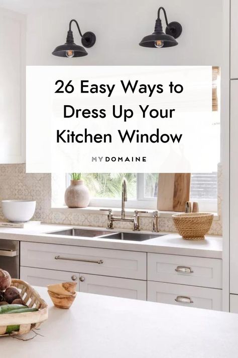 Kitchen Window Over Sink Ideas Modern, Kitchen Window Molding Over Sink, Kitchen Window Ledge Ideas, Above Window Kitchen Decor, Kitchen Sink Window Sill Decor, Kitchen Sink In Window, Tile Wrapped Window Kitchen, Dress Kitchen Window, How To Style A Kitchen Window Sill