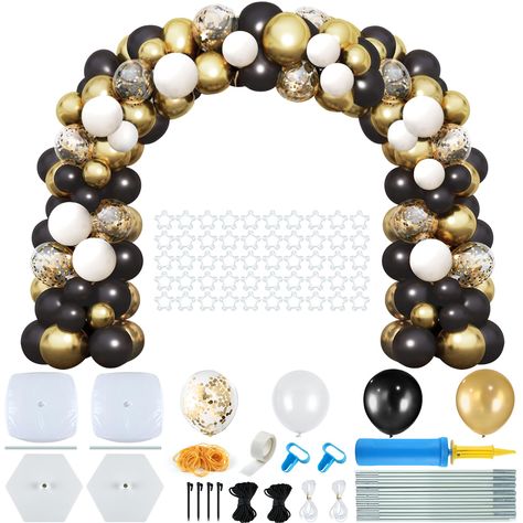 PRICES MAY VARY. The Black and Gold Balloon Arch Kit Includes:185 balloons,balloon Clips × 50,15-section white fiber pole × 1,pump × 1,dot glue × 1,bases × 2,fillable bag × 2,iron pipes ×2,tying tools ×2,ground nails ×4,6-meter windproof rope ×2,8-meter Fishing Line×3,Rubber Bands×100.Providing you with complete accessories to save you time and money! High-Quality & Super-Sturdy Stand: Our large size 9FT height & 10FT width black and gold balloon arch bracket is extra strong.Well-designed hexago Black Gold And Silver Retirement Party, Black Gold Balloon Arch, Black And Gold Balloon Arch, Usmc Retirement, Balloon Archway, 40th Birthday Balloons, Garland Balloon, Gold Garland, Black And Gold Balloons