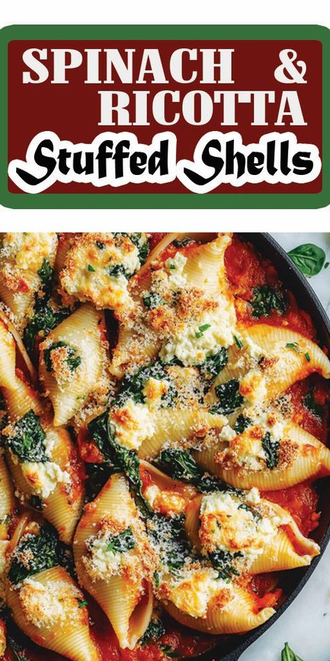 Spinach & Ricotta Stuffed Shells Ingredients: 12 jumbo pasta shells 1 ½ cups ricotta cheese ¼ teaspoon nutmeg (optional) 1 cup mozzarella cheese, shredded (plus extra for topping) ½ cup parmesan cheese, grated 1 large egg 1 cup fresh spinach, chopped (or ½ cup frozen spinach, thawed and drained) 2 cloves garlic, minced 2 cups marinara sauce 1 tablespoon olive oil Salt and pepper, to taste Fresh basil or parsley, for garnish #spinach #easyrecipes #camilarecipes Stuffed Shells Without Ricotta, Spinach Ricotta Stuffed Shells, Food With A Twist, Ricotta Stuffed Shells, Spinach Stuffed Shells, Stuffed Shells Ricotta, Jumbo Pasta Shells, Healthy Dinner Options, Spinach Ricotta