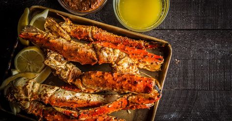 Crack open the wood fired flavor with the king of all crab recipes. Fresh crab legs are smoked directly on the grill and drenched in a homemade BBQ and butter sauce for a smokin' take on this seafood favorite. Grilled Crab, Crab Legs Recipe, Traeger Cooking, Traeger Grill Recipes, Seafood Meals, King Crab Legs, Pellet Grill Recipes, Traeger Recipes, Wood Pellet Grills