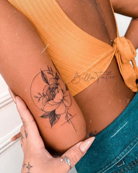 Tattoo On Arm For Women Half Sleeves, Women’s Quarter Sleeve Tattoo Ideas, Micro Arm Tattoo, Womens Small Tattoo Ideas, Words On Arm Tattoo, Tattoo Back Of Arm Above Elbow, Outer Bicep Tattoos For Women, Back Arm Tattoos For Women, Women’s Upper Arm Tattoo