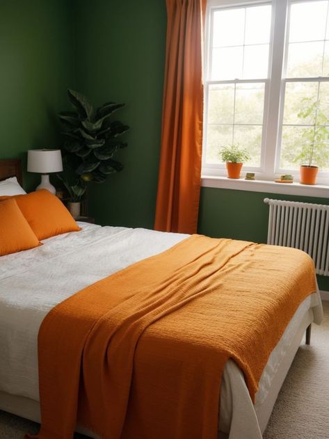 Green Bedroom With Orange Accents, Emerald Green And Burnt Orange Bedroom Ideas, Green Bedroom Orange Accents, Sage Green And Burnt Orange Bedroom Ideas, Olive Green And Orange Bedroom, Green Walls Orange Curtains, Emerald Green And Orange Bedroom, Forest Green And Orange Bedroom, Orange Green Decor