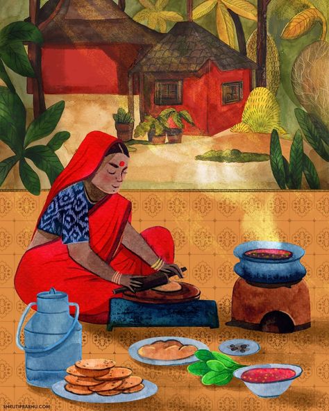 Nothing beats a wholesome home cooked meal. Extra points if the vegetables are grown in your backyard. Village Scene Drawing, Halloween Frog, Food Illustration Design, Childhood Memories Art, Composition Techniques, Indian Illustration, Cooked Meal, Scene Drawing, Expressing Love