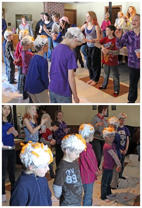 Cheesy Toss party game - This is game is fun but a little messy, best done outside. One member of each team wears a shower cap covered in shaving cream. The other teammate gets to throw cheesies at their head. The more cheesies to stick to their cap the better. Each cheesy stuck is worth one point, all teams gets a cup with the same amount of cheesies in it.  Supplies- Shower caps, shaving cream, large bag of cheeses. Easter Olympics, Mermaid Party Games, Easter Party Games, Church Games, Graduation Party Games, Reunion Games, Youth Games, Youth Group Games, Minute To Win It Games