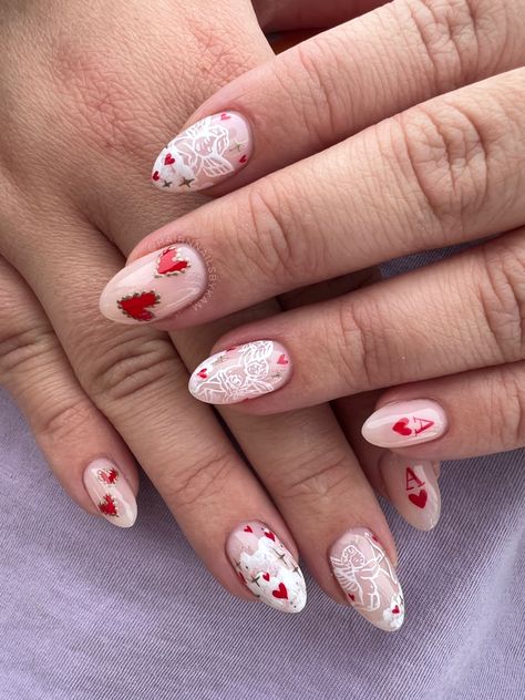 valentines day nails Cupid Valentines Nails, Valentines Day Nails For Single People, Dainty Valentines Nails, Cupid Nail Art, Non Traditional Valentines Nails, Cupid Nails, Western Valentine Nails, Vday Nails Valentines Day, Vday Nails