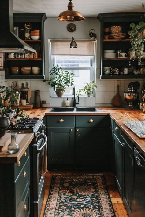 15 Moody Kitchen Design Ideas You Have To See! - My Decor Inspo Dark Emerald Cabinets, Dark Cabinet Kitchens, Moody Kitchens, Dramatic Kitchen, Dark Cabinets Kitchen, Claremont House, Pnw Aesthetic, Moody Farmhouse, 40 Aesthetic