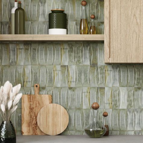 Sage Green Kitchen Cabinets Brown Granite, Sage Kitchen Backsplash, White Kitchen Green Backsplash, Mound House, Ceramic Tile Cleaner, Green Kitchen Backsplash, Kitchen Backslash, Modern Tile Designs, Fireplace Facing