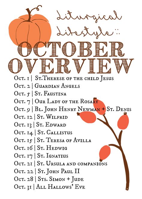 Everything to someone: Liturgical Lifestyle | October Overview Catholic Halloween Activities, Catholic Kids Activities, Catholic Feast Days, Catholic Holidays, Liturgical Living, Liturgical Calendar, Saint Feast Days, Kids Sunday School Lessons, Catholic Homeschool