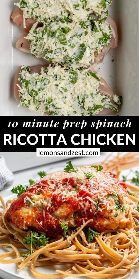 Chicken Parm With Spinach, Parmesan Ricotta Chicken, Baked Chicken Ricotta, Chicken Spinach And Ricotta Recipes, Easy Chicken Ricotta Recipes, Creative Chicken Dinners, Chicken Spinach Cottage Cheese Recipes, Ricotta Chicken Bake, Spinach Ricotta Chicken Bake