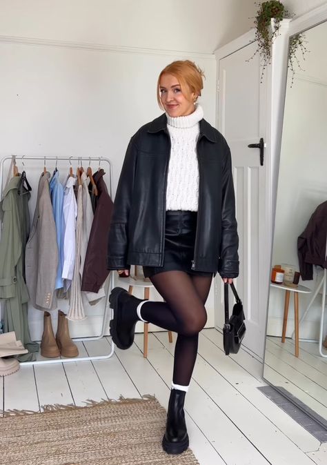 Off White Tights Outfit, Leather Jacket And Tights Outfit, Tall Black Boots Outfit Midsize, Skirt And Tights Outfit Midsize, Autumn Concert Outfit Ideas, Black Tights Outfit Midsize, Midsize Skirt Outfit Winter, Winter Skirt Outfit Midsize, Midsize Tights Outfit