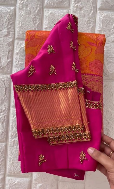 Dress Neck Maggam Work Designs, Pattu Blouse Simple Work Designs, Pink Silk Blouse Aari Work, Pattu Saree Blouse Embroidery Designs, Silk Saree Blouse Hand Work Designs, Silk Saree Blouse Designs Handwork, Pink Gold Blouse Designs, Pink Maggam Blouse Designs, Blouse Designs Silk Embroidery