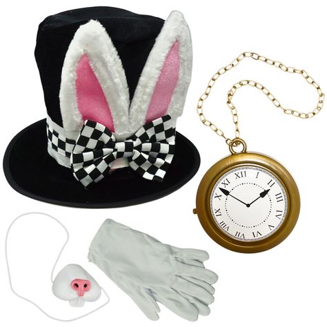 PRICES MAY VARY. Velvet Pull On closure Hand Wash Only WHAT YOU GET - Includes top hat with rabbit ears, white gloves, Rabbit nose on band, & oversized clock necklace. TOP HAT - Fits adults men & women. 100% polyester velvet top hat that keeps it shape and stands upright. Inner hat circumference measure approx 25 inches. Fits adults men & women & some older kids. COSTUME SET - This white rabbit costume accessory set is for anyone dressing up as the White Rabbit in Alice in Wonderland. White Rabb Mad Hatter Costume Accessories, Best Disney Costumes, Rabbit Nose, White Rabbit Costume, White Rabbit Costumes, Mad Hatter Costume, Rabbit Clothes, Mad Hatter Hat, Rabbit Costume