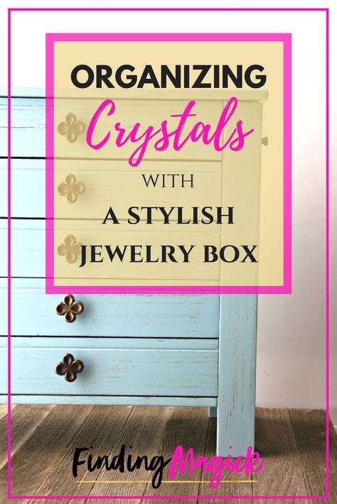 Need DIY crystal storage ideas? What about using a wooden jewelry box to organize your rock collection AND stylize your home decor? Here's my how-to tutorial. #FindingMagick #crystalhealing #crystals #stones #organizing #storage #crystalstorage #jewelrybox #lifehacks Organize Crystals, Organizing Crystals, How To Display Crystals And Stones, Crystal Storage Ideas, Rock Storage, Crystal Organization, Crystal Collection Display, Serenity Room, Rock Collection Display