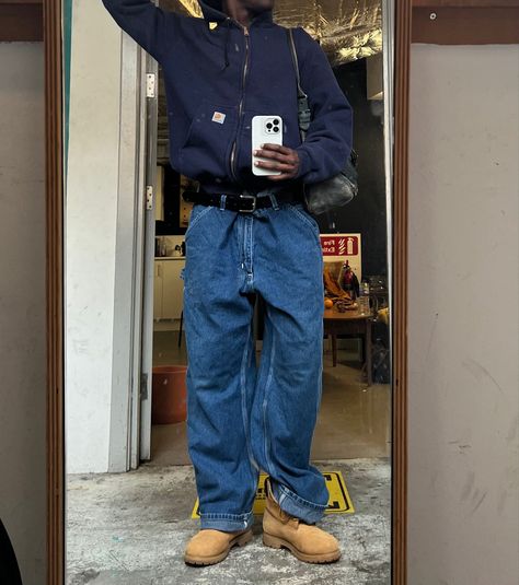 Navy Carhartt Jacket Outfit, Blue Carhartt Pants Outfit, Blue Collar Worker Outfit Men, Carhartt Jean Jacket, Streetwear Denim Jacket, Blue Carpenter Pants Outfit, Blue Carhartt Jacket Outfit, Worker Outfit Men, Dark Blue Hoodie Outfit