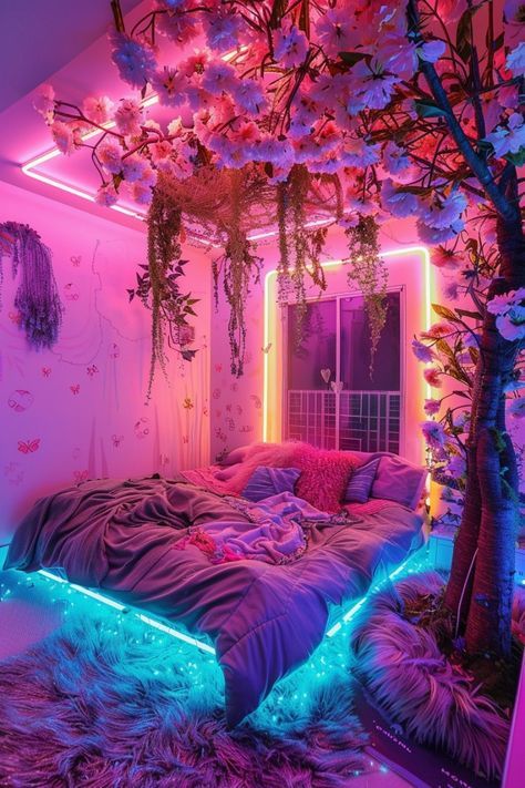 Vibey Room Lighting, Aesthetic Room Baddie, Egirl Bedroom Aesthetic, Vaporwave Bedroom Aesthetic, Bedroom Lighting Aesthetic, Neon Aesthetic Room, Glow Bedroom, Baddie Room Ideas Aesthetic, Adult Room Ideas