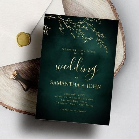 $3.95 | Emerald Green and Gold Botanical Elegant Wedding - elegant, modern, greenery, botanical, emerald green, gold, calligraphy, watercolor, minimalist, floral Emerald Green Wedding Theme, Forest Green Wedding, Dark Green Wedding, Calligraphy Watercolor, Emerald Green And Gold, Gold Glitter Wedding, Green Themed Wedding, Emerald Green Weddings, Glitter Wedding Invitations