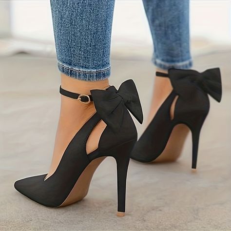 Faster shipping. Better service Sepatu Pump, Black Wedding Shoes, Bowknot Shoes, Hak Tinggi, High Heels Classy, Bow High Heels, Basic Heels, Ankle Strap High Heels, Heels Classy