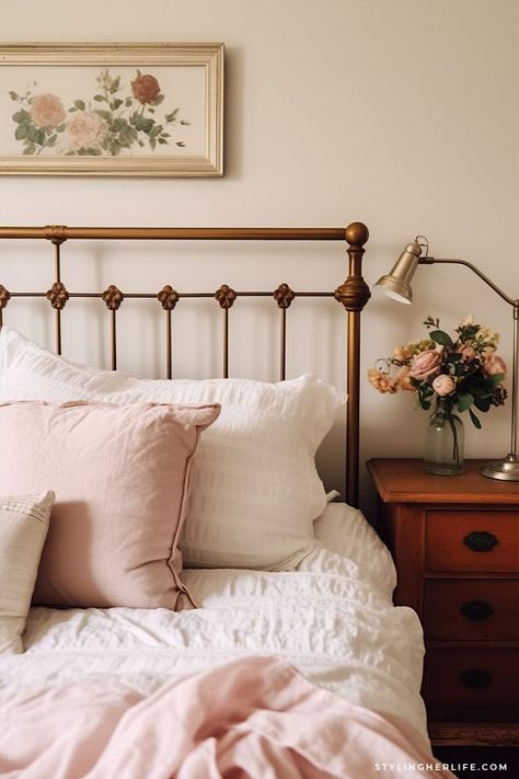 19 Dreamy Cottagecore Bedroom Ideas That Will Transform Your Space - Styling Her Life Clean Cottagecore Bedroom, Warm Cottagecore Aesthetic, Vintage Cottagecore Bedroom, Cottage Core Bedrooms, Bedroom Ideas Cottagecore, Cottagecore Bedroom Aesthetic, Cottagecore Aesthetic Bedroom, Pink Vintage Bedroom, Cottagecore Bedding