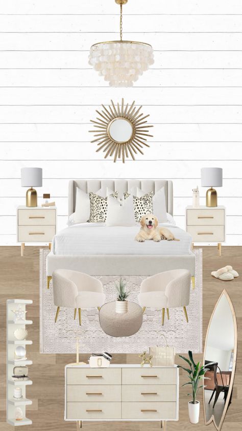 Room Ideas Gold And White, White Room White Furniture, Teen Neutral Bedroom Ideas, White And Neutral Bedroom, Gold And White Room, White And Gold Bedroom Aesthetic, White And Gold Room, White And Gold Bedroom Ideas, White And Gold Bedroom