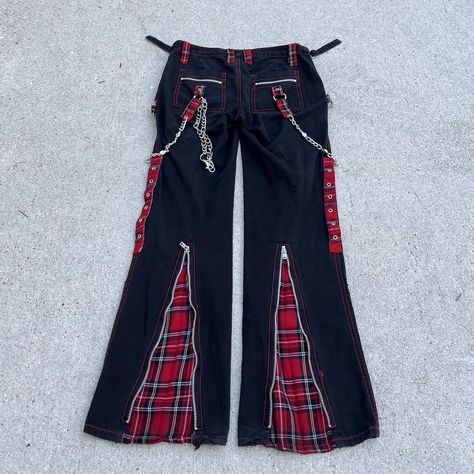 Vintage Tripp NYC Black & Red Plaid Flare Zip Up... - Depop Vintage Tripp Nyc, Rave Pants, Tripp Nyc, Red Plaid, Hot Topic, Picture Show, One Pic, Low Rise, Black Red