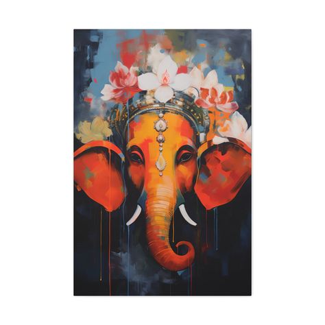 "Ganesha Canvas. Uplift any room's decor with art that's printed on top-quality canvas gallery wraps. Each wrap is made with finely textured, artist-grade cotton substrate which helps reproduce your image in outstanding clarity and detail. Available in multiple sizes, these closed back canvases are built with a patented, solid support face and are excellent for indoor use. 1.25\" depth .: 100% cotton fabric (400gsm) .: Closed MDF backing .: Built with a patented solid support face .: High image quality and detail .: For indoor use only" Lord Ganesha Paintings Canvases, Ganesha Face, Lord Painting, Paintings Nature, Ganesh Art Paintings, Paintings Tutorials, Watercolor Paintings Nature, Ganesh Photo, Ganesh Art