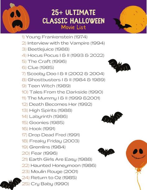 With so many great Halloween movies to choose from, these are some favorite not-so-scary movies to watch during the month of October. How many of these have you seen? What are some of your favorite Halloween flicks? Classic Halloween Movies List, Halloween Movies For Kids, Halloween Things To Do, Scary Movies To Watch, Classic Halloween Movies, Halloween Movies List, The Craft 1996, Goonies 1985, Movies For Kids