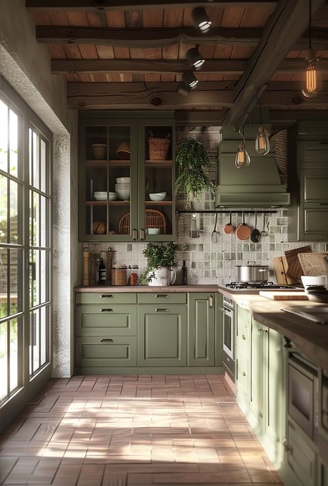 How To Create a Cozy Yet Modern Farmhouse Kitchen Farmhouse Style Kitchen Cabinets, Casa Country, Modern Farmhouse Kitchen, Kitchen Cabinet Styles, Farmhouse Kitchen Design, Cottage Kitchens, Modern French, Green Cabinets, Cozy Kitchen