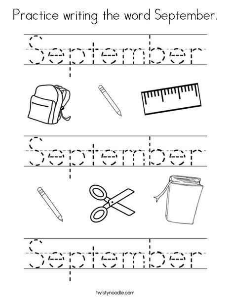 Practice writing the word September Coloring Page - Twisty Noodle September Tracing Worksheet, September Printables, September Coloring Pages, September Preschool, Back To School Worksheets, Twisty Noodle, Preschool Writing, Learning Worksheets, Fall Preschool