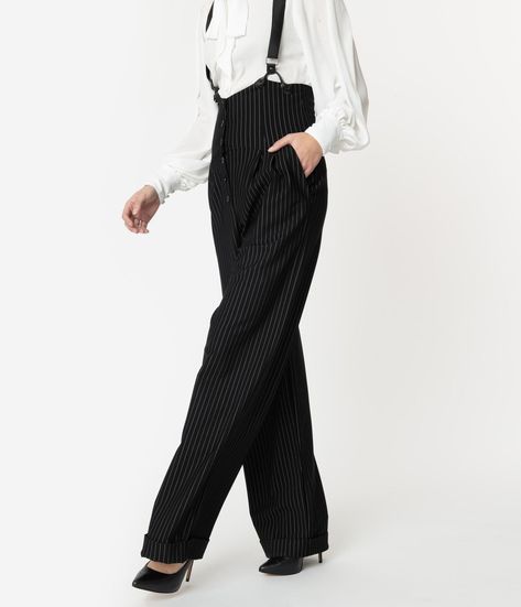 Get the gang together, dolls! Stay a step ahead of the fuzz with these fabulous suspender pants from Unique Vintage, which boast sweet white pinstripes set against a black backdrop. Crafted in a marvelously stretchy fabric blend, the Thelma vintage pants feature a wide-banded high waist cinched in with a darling button-up front and secured by adjustable suspender straps, which are easily removable for versatile wear. Deep side pockets and wide legs with rolled cuffs make it easy to dust out! The Charlie Aesthetic, Vintage Core, Suspenders Outfit, Cloth Ideas, Trend Ideas, Suspender Pants, Dance Clothes, Essentials List, Mens Fashion Classic