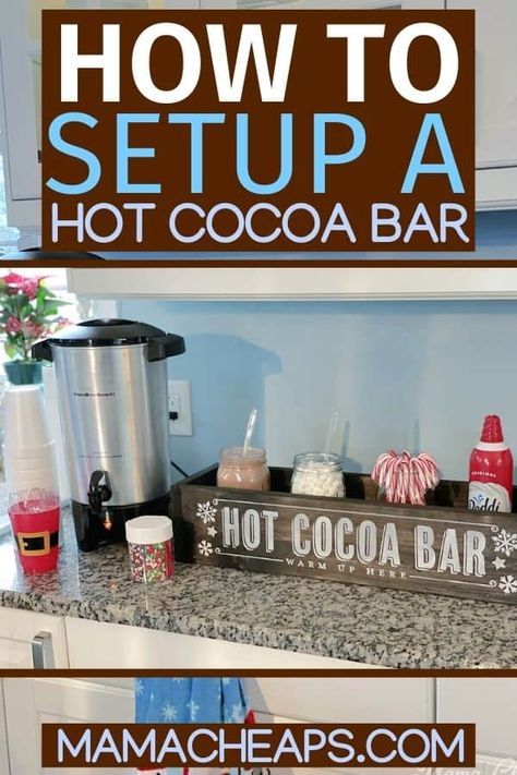 How to Make a DIY Hot Chocolate Bar - Mama Cheaps® Hot Cocoa And Cider Bar, Church Hot Chocolate Bar, Hot Chocolate Bar Supplies, Hot Chocolate Bar Set Up Ideas, Hot Cocoa Bar For Large Group, Ideas For Hot Chocolate Bar, Hot Cocoa For A Large Crowd, Hot Chocolate Bar At Home, Hot Chocolate For A Crowd Easy