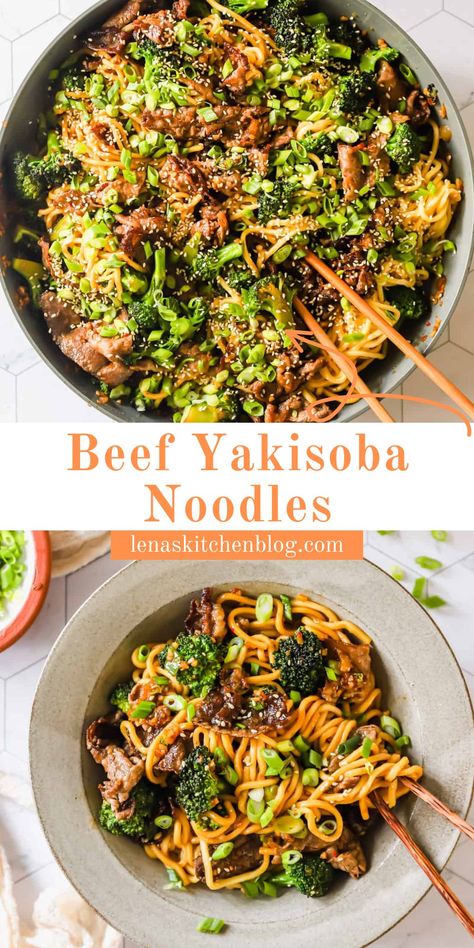 Steak And Snow Pea Yakisoba, Yakisoba Recipe Ground Beef, Beef And Broccoli Yakisoba, Hamburger Yakisoba Recipe, Steak Soba Noodles Recipe, Ground Beef Soba Noodles, Healthy Yakisoba Recipe, Japanese Entree Recipe, Yakisoba Recipe Beef