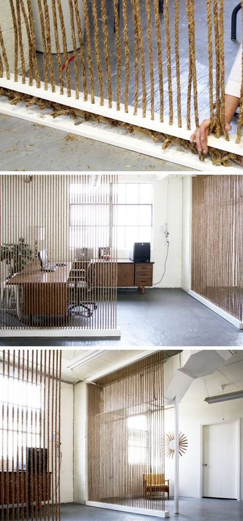 You can string thick ropes from the floor to the ceiling to divide your office area. - 30 Clever Ways To Maximize Your Space With Room Dividers #tinyspace #roomdividers #organizationideas #farmfoodfamily Bedroom Separator Ideas, Office In Home, Wall Separator, Floor To Ceiling Curtains, Curtain Divider, Office Dividers, Working Office, Decorative Room Dividers, Hanging Room Dividers