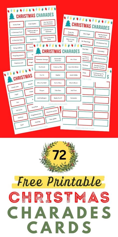 FREE printable Christmas charades game with over 72 Christmas charades ideas to print and play! This fun holiday game is perfect for those holiday parties and Christmas get-togethers with family, friends, and at work parties. Kids of all ages and adults will love this fun Christmas party game! Family Charades Printable, Christmas Charades For Adults, Christmas Family Games Free Printables, Christmas Charades Printable Free, Christmas Games For Family Funny Free Printable, Free Christmas Games Printables, Christmas Charades For Kids, Words For Charades, Pictionary Word List