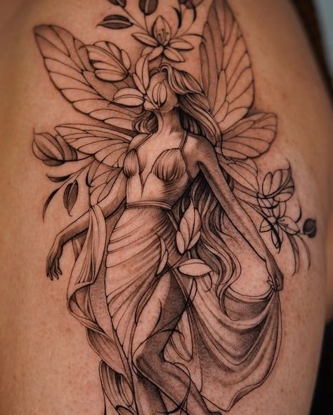 Ami Dave on Instagram: "Fairy for Corinne!🧚‍♂️  • • • • • #tattoos #fairytattoos #fairytattoo #torontotattoos #torontotattooartist #femaletattooartisttoronto #floraltattooartisttoronto #floraltattoostoronto #ontariotattooartist" Garden Tattoos, Fairy Tattoo Designs, Fantasy Tattoos, Female Tattoo Artists, Fairy Tattoo, Almond Blossom, Dope Tattoos, Flower Fairy, Back Tattoo