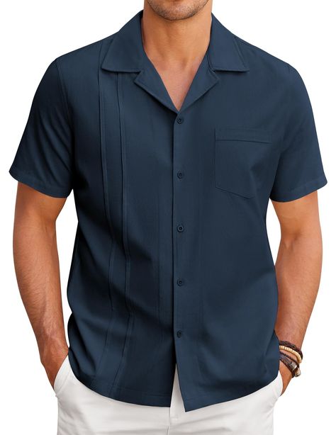 PRICES MAY VARY. 【High Quality Linen Fabric】Mens short sleeve cuban shirts are made of high quality grade linen fabric.Feature with skin friendly, lightweight and breathable, that keep you feeling refreshed even on the hottest days.Stay cool and comfortable all summer long! 【Cuban Guayabera Design】 Mens guayabera shirts featuring cuban collar, front pockets and decorative pleats, it exudes a sophisticated and elegant look. Whether you're simply going out for a casual outing or have a summer vaca Mens Guayabera Shirts, Mexican Wedding Shirt, Cuban Guayabera, Summer Linen Shirt, Man Gear, Cuban Shirts, Short Sleeve Linen Shirt, Guayabera Shirt, Shirts Style