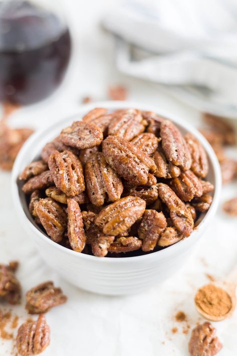 This is the best recipe for candied pecans! It’s and easy recipe made in the oven and it’s healthy too because it’s made with maple syrup. You can use them for a salad, on top of sweet potatoes or as an appetizer or snack. #healthy #paleo #snack #cinnamon #pecans #candy #fall #thanksgiving Glazed Nuts, Maple Syrup Recipe, Candied Pecans, Snack Mix, Quick Snacks, Best Recipe, Refined Sugar Free, Refined Sugar, Sweet Potatoes