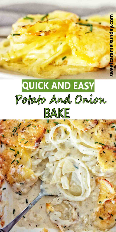 Potato bake with onions and cheese topping on white plate with text written between 2 images. Oven Baked Sliced Potato With Cheese, Oven Baked Potato Casserole, Sour Cream And Onion Recipes, Casserole Potato Recipes, Potato And Onion Recipes Ovens, Cream Cheese Potatoes Bake, Potato Onion Cheese Casserole, Oven Baked Potato Slices, Sliced Potato Recipes Ovens