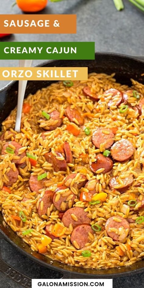 One Dish Sausage Meals, Honey Garlic Sausages Dinners Recipe, Smoked Sausage Orzo Recipes, Single Skillet Meals, Dinner Ideas Orzo, Orzo Dinner Ideas, Orzo And Sausage Recipes, Healthy One Skillet Meals, Sides For Sausage