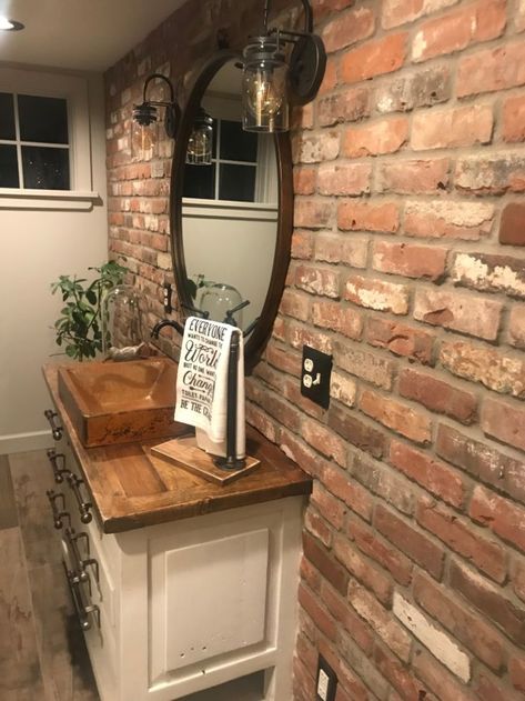 Reclaimed Brick Veneer, Bathroom Brick Accent Wall, Brick Paneling In Bathroom, Brick Accent Interior, Brick Veneer Wall Living Room, Faux Brick Wall In Bathroom, Faux Brick Backsplash Bathroom, Bathroom Brick Wall Ideas, Brick Veneer Wall Kitchen