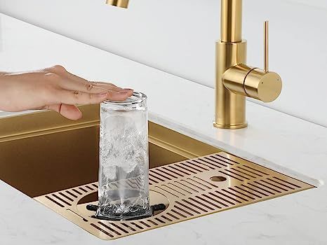 AguaStella AS1514XG Brushed Gold Bar Sink with Glass Rinser Stainless Steel Undermount Prep Kitchen Sink 23-1/4 x 14 Inches Single Bowl - - Amazon.com Bar Sink With Glass Rinser, Bar Sinks And Faucets, Sink With Glass Rinser, Wet Bar Sink, Basement Wet Bar, Undermount Bar Sink, Cabin Bar, Home Wet Bar, Glass Rinser