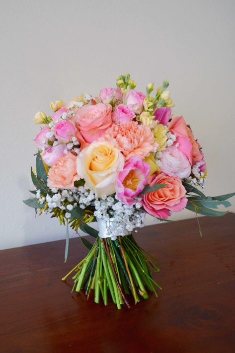 Pink And White Flower Bouquet Prom, Yellow Prom Dress Bouquet, Yellow And Pink Wedding Bouquet, Pink And Orange Prom Bouquet, Colorful Mini Bouquet, Pink And Yellow Prom Bouquet, Flowers For Yellow Prom Dress, Bouquet For Yellow Dress, Peach Prom Bouquet