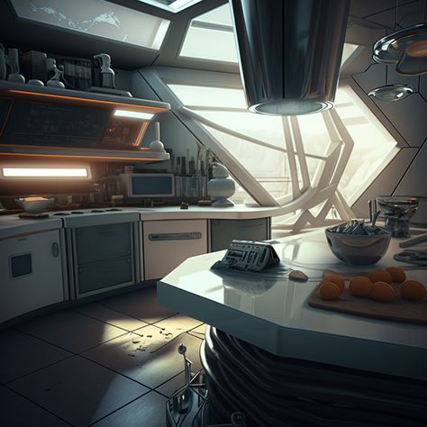 Futuristic Kitchen Concept Art, Future Kitchen Technology, Scifi Kitchen, Spaceship Kitchen, Cyberpunk Kitchen, Sci Fi Kitchen, Spaceship Interior Concept Art, Starfield Aesthetic, Sci Fi Apartment