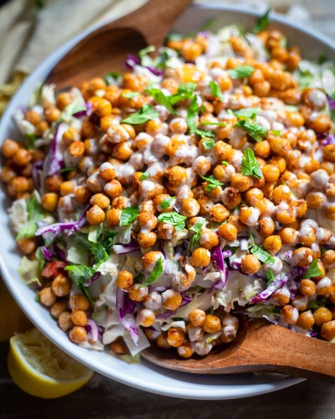 Crispy Chickpea Chopped Salad - BetterFoodGuru Chickpea Chopped Salad, Toasted Pepitas, Crispy Chickpea, Lime Slaw, 2023 Recipes, Chopped Salad Recipes, Lemon Tahini Dressing, Slaw Recipe, Spiced Chickpeas