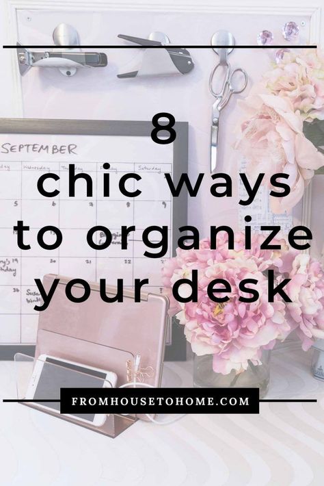 These space saving desk organization ideas will have your small office organized in no time. #fromhousetohome #deskorganization #homeoffice #organizing #officeorganization  #storageideas Small Office Organization, Desk Organization Ideas, Gold Desk Accessories, Organized Desk, Rose Gold Office, Space Saving Desk, Office Organization At Work, Work Office Decor, Cubicle Decor