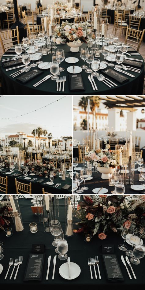 An intimate rooftop dinner party filled with reception tables dressed in black linens, brought to life with deep floral arrangements and tapered candles.| Image by Heirlume Photography Weddings With Black Table Cloths, Wedding Reception With Black Tablecloths, Rehearsal Dinner Black Tablecloths, Reception Black Tablecloths, White Table Cloth Black Runner Wedding, Wedding Tables With Black Tablecloths, Black Linen Table Setting Wedding, Intimate Wedding Dinner Table, Wedding With Black Tablecloths