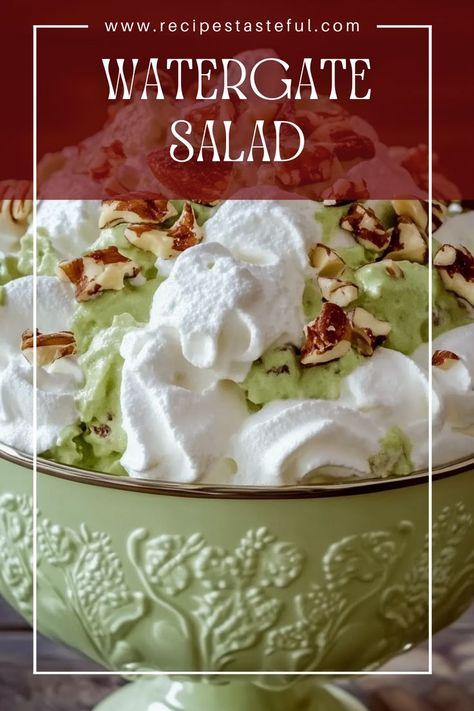 Watergate salad is an easy, delicious dump-and-go dessert made with Cool Whip, marshmallows, pineapple, pecans, and pistachio pudding. Perfect for picnics, potlucks, and family gatherings, it combines a delightful mix of textures and flavors. Pistachio Pudding Dessert, Watergate Salad Recipe, Marshmallow Salad, Pistachio Dessert Pudding, Cool Whip Desserts, Watergate Salad, Pistachio Dessert, Pistachio Salad, Pecan Desserts