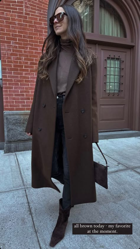 Trench Wool Coat Outfit, Winter Coat And Scarf Outfit, Classic Coat Outfit, Dark Brown Jumper Outfit, City Coat Outfit, Brown Shawl Outfit, Dark Brown Winter Outfit, Chocolate Brown Winter Outfit, Dark Brown Wool Coat