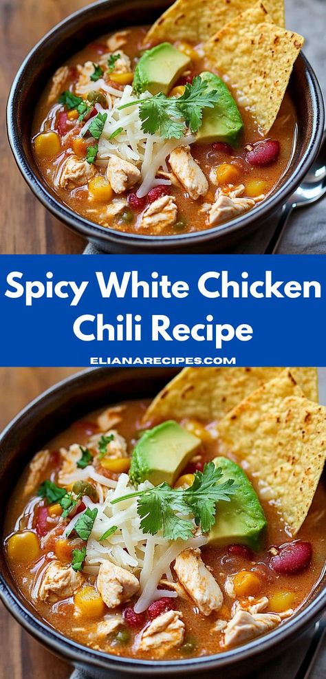 Craving white chicken chili? This spicy white chicken chili recipe is a must-try! Perfect for dinner ideas easy, whether you use a slow cooker, instant pot, or crockpot for healthy chicken recipes. Spicy White Chicken Chili Crockpot, White Chicken Chili Dutch Oven, Healthy Chicken Chili Recipe, Spicy White Chicken Chili, White Chicken Chili Crockpot, Crockpot Chicken Chili, White Chicken Chilli, Spicy Chicken Chili, Healthy Chicken Chili