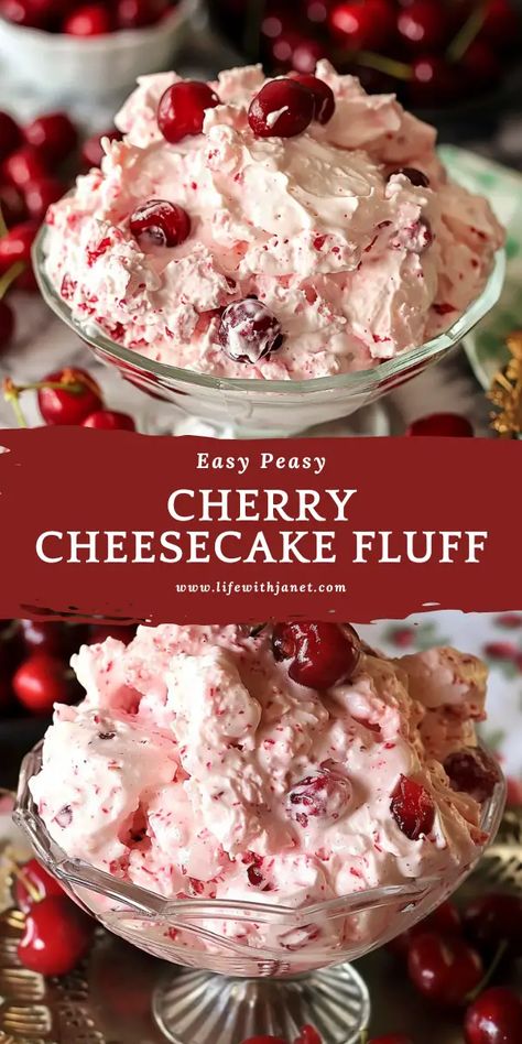 Cherry Cheesecake Fluff Cherry Cheesecake Fluff Dessert, Recipes Using Cherries, Cheesecake Fluff Dessert, Summer Dessert Recipes Easy, Cherry Cheesecake Fluff, Noodle Dessert, Fluff Cake, Dessert Recipes Easy Quick, Cherry Delight Dessert